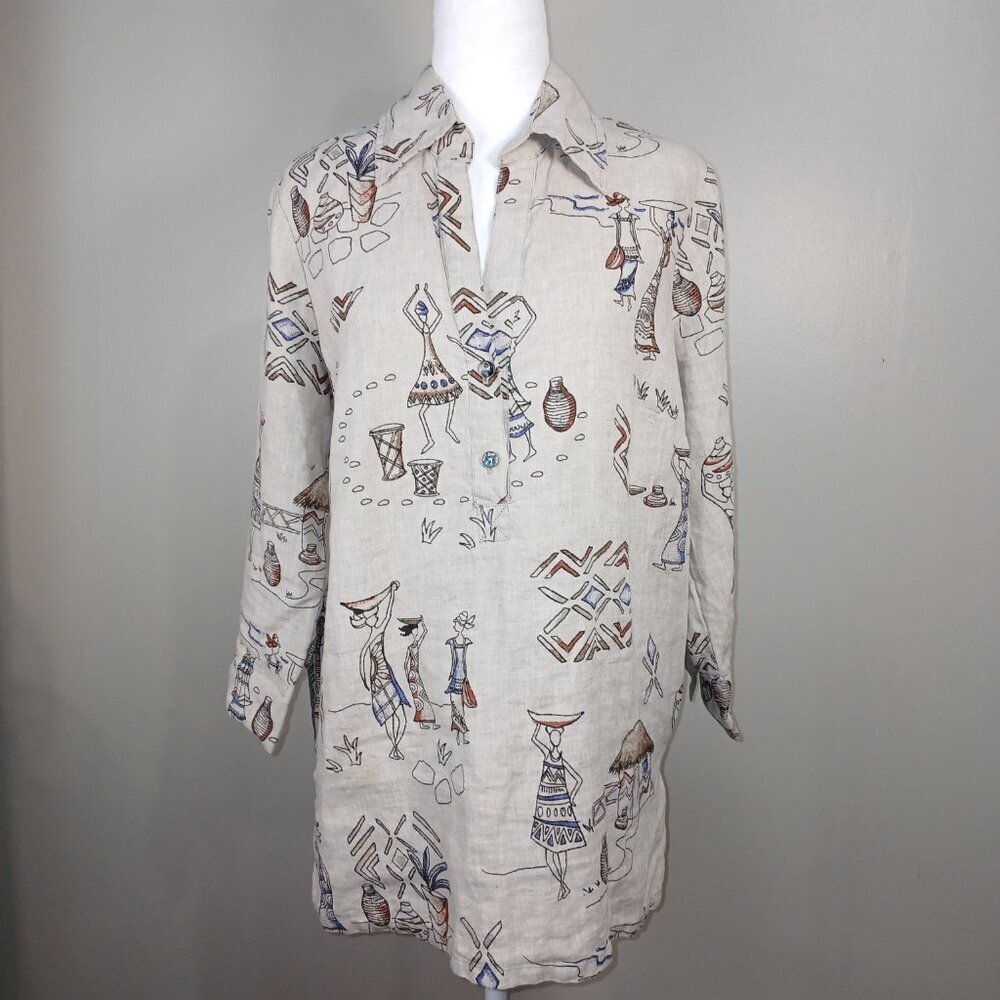 HOT COTTON BY MARC WARE LINEN TOP, SIZE PETITE LARGE, BEIGE, CARIBBEAN ARTSY - Picture 2 of 8